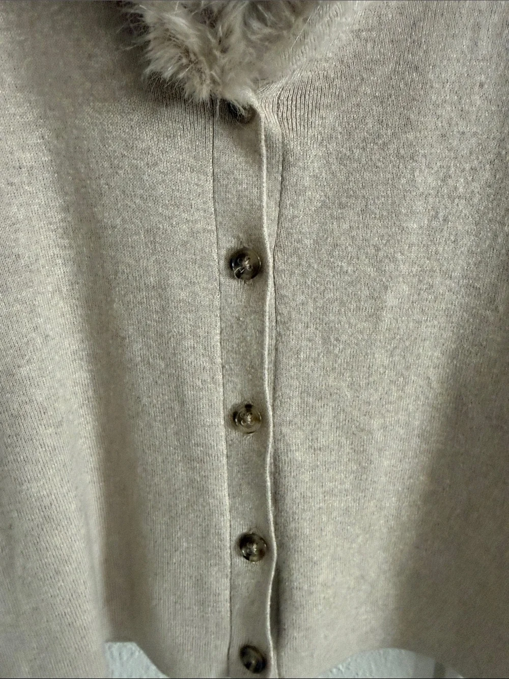 Faux-Fur Trim Taupe Button-Front Cardigan Sweater cotton cashmere blend
